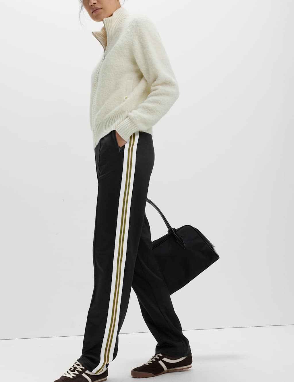 M&S Women's Cotton Rich Retro Side Stripe Joggers - 12 - Black