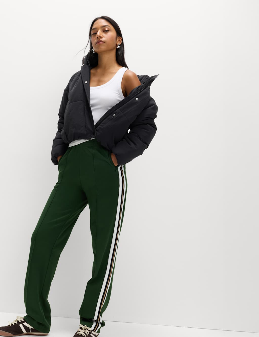 M&S Cotton Rich Retro Side Stripe Joggers Sherwood