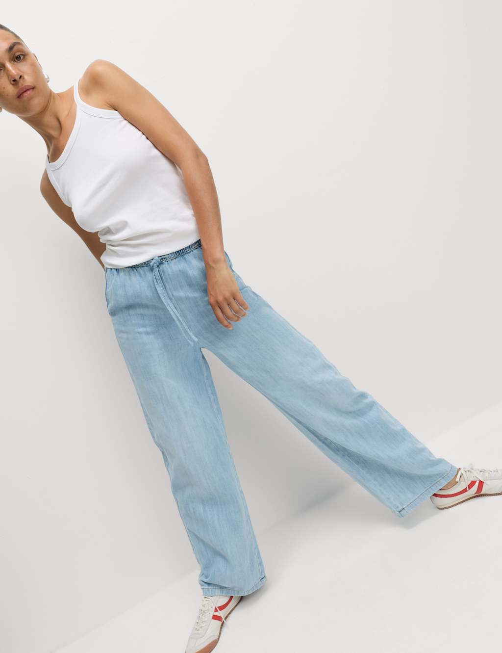Denim Drawstring Wide-Leg Trousers
