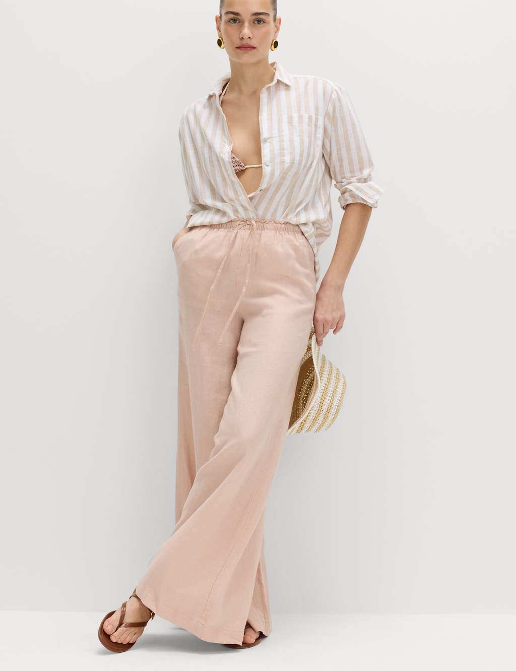 M&S Women's Pure Linen Wide Leg Palazzo Trousers - 18 - Pink