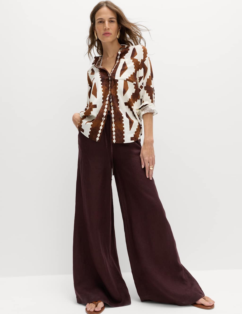 M&S Women's Pure Linen Wide Leg Palazzo Trousers - 18 - Peat