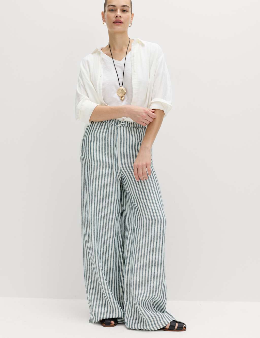 M&S Women's Pure Linen Wide Leg Palazzo Trousers - 12 - Black Mix