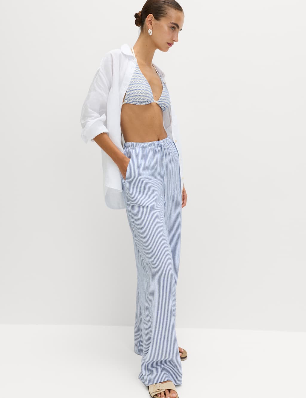 M&S Women's Linen Blend Wide Leg Trousers - 12 - Blue Mix