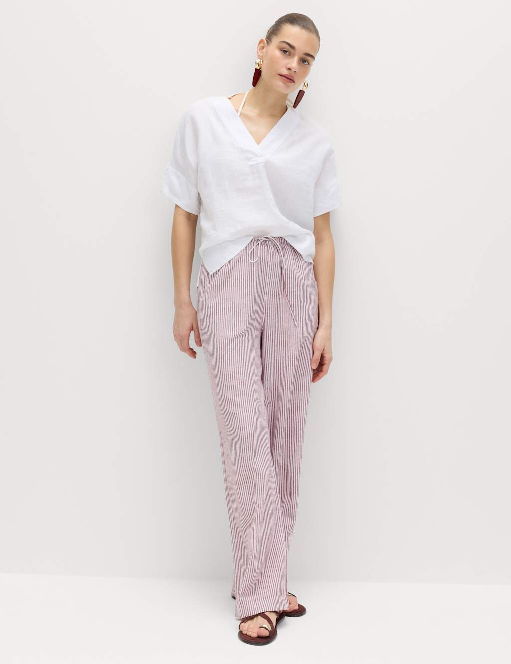 M&S Women's Linen Blend Wide Leg Trousers - 20 - Raspberry Mix