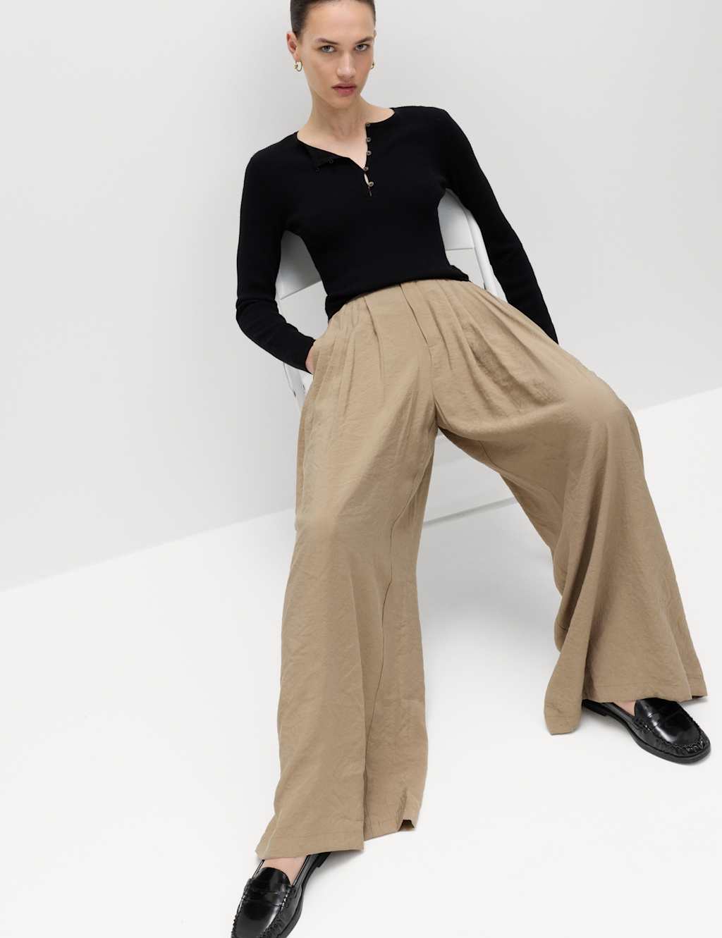 M&S Women's Pleat Front Palazzo Trousers - 10 - Mocha