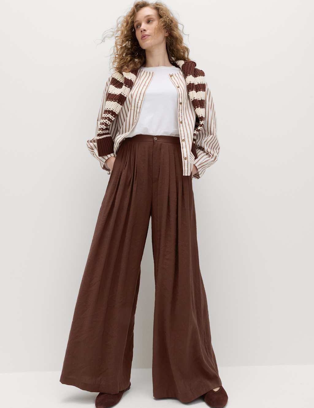 M&S Women's Pleat Front Palazzo Trousers - 22 - Bitter Chocolate
