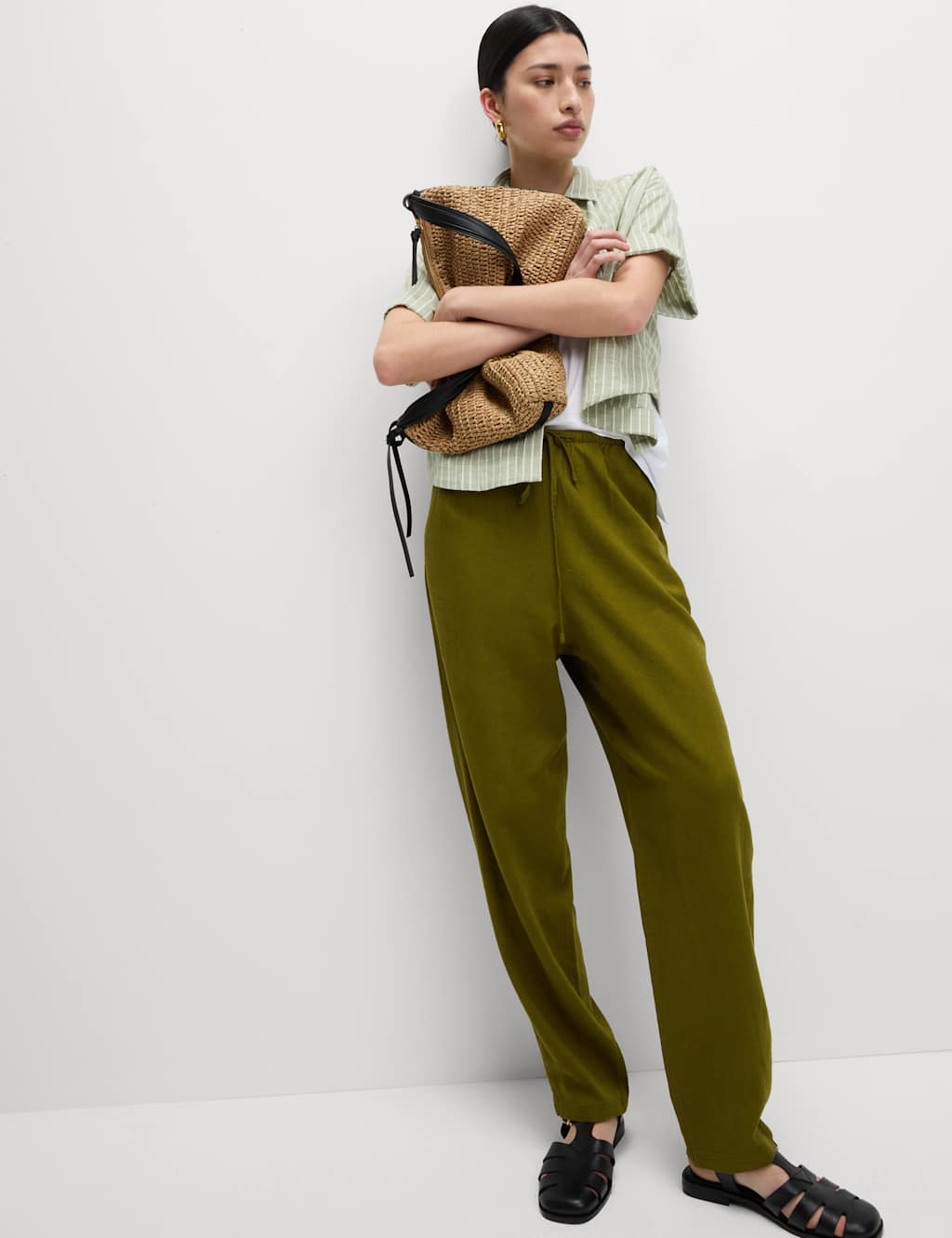 Linen-Rich Drawstring Tapered Trousers