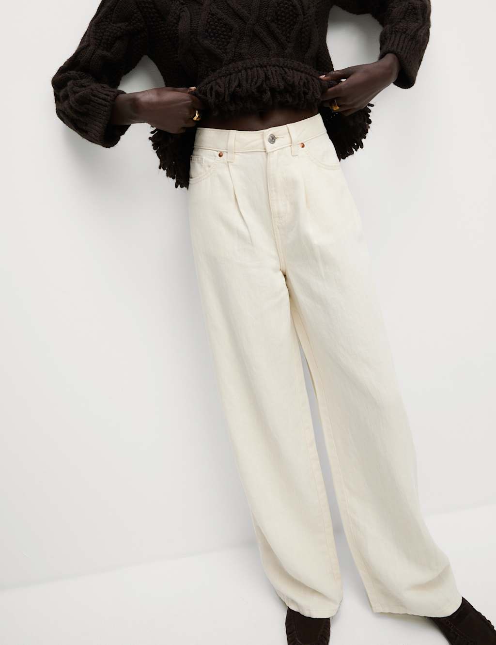 Linen Blend Denim Wide Leg Trousers