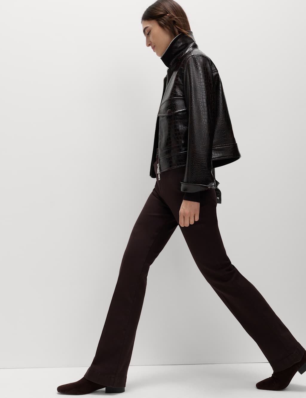 M&S High Waisted Crease Front Slim Flare Jeans Bitter Chocolate