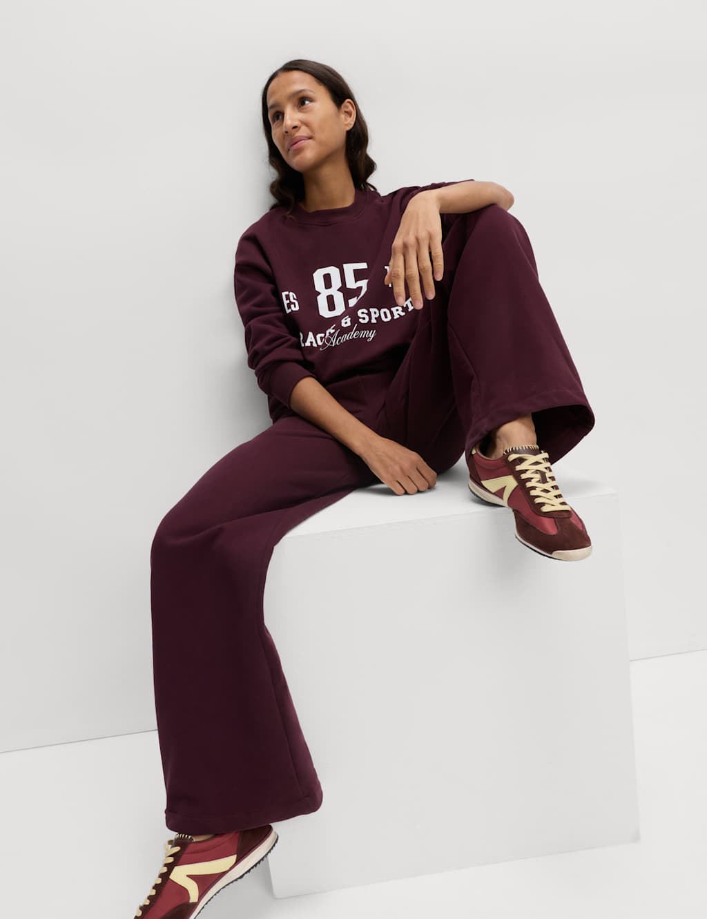 M&S Cotton Rich Drawstring Wide Leg Joggers Dark Claret