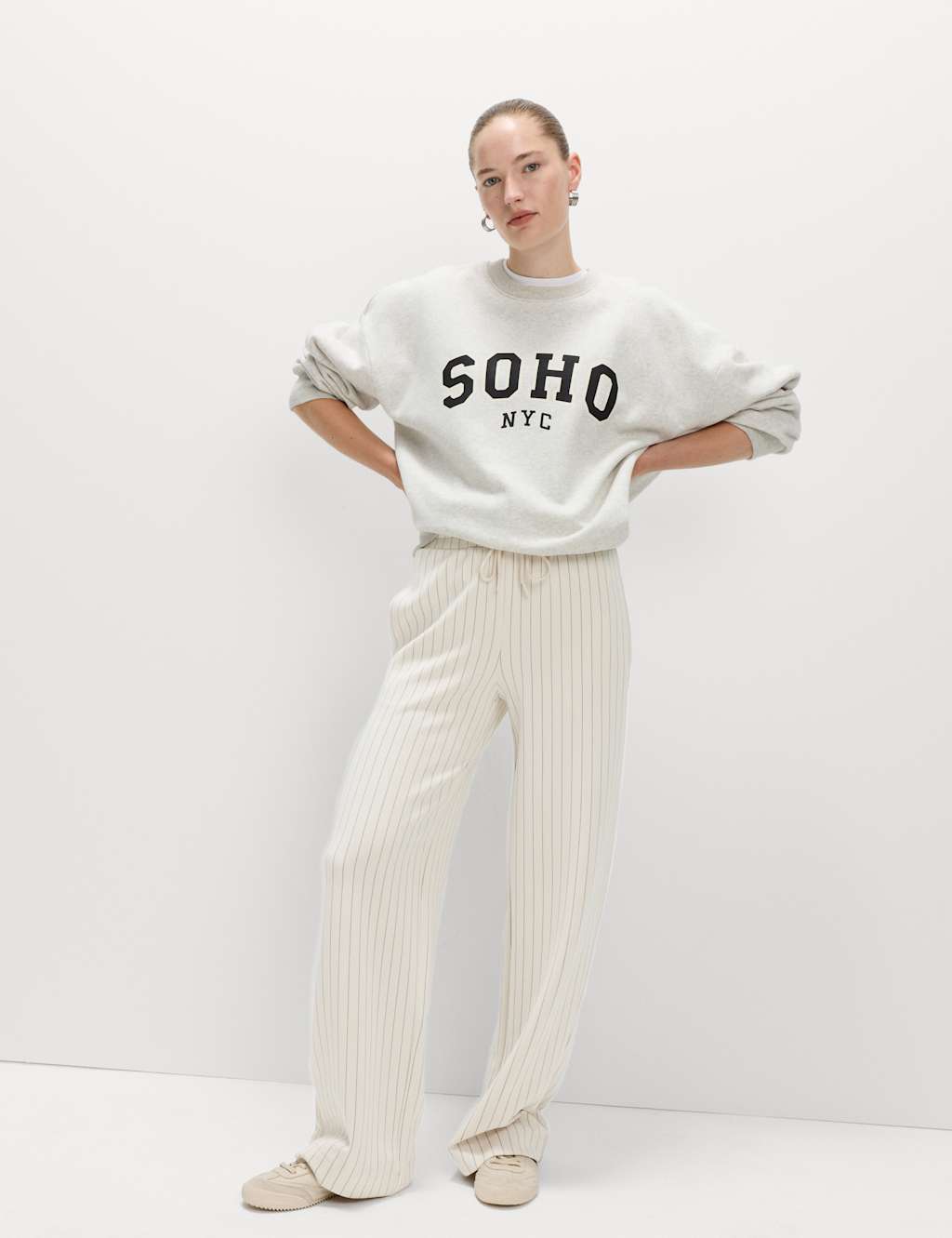 M&S Modal Blend Striped Wide Leg Joggers Ecru