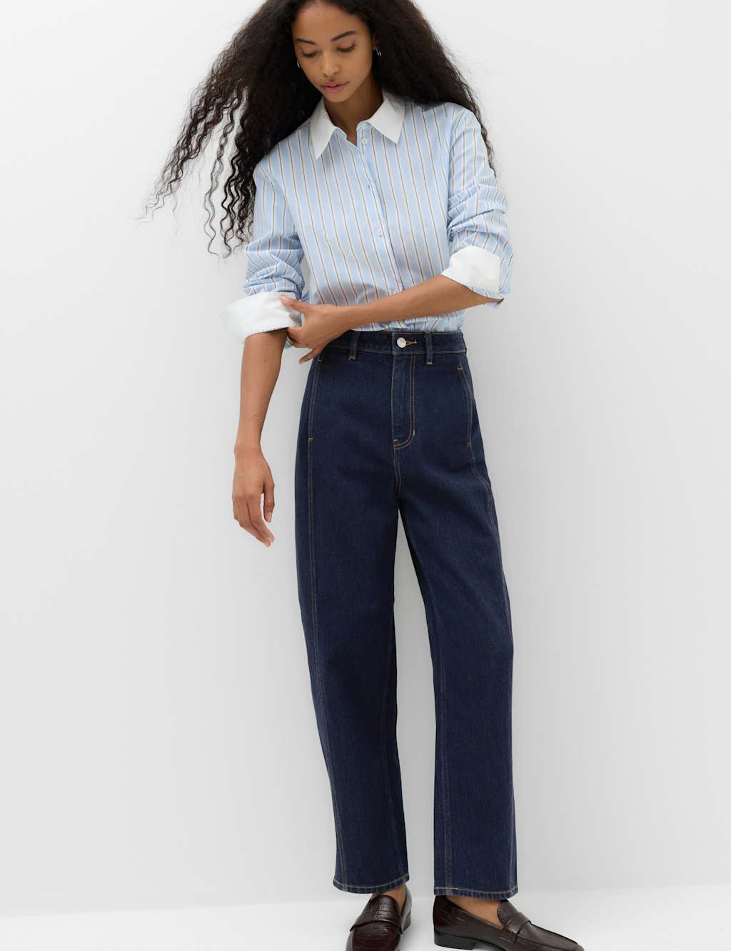 M&S Women's Cotton Rich High Waisted Carrot Leg Jeans - 18 - Indigo Mix