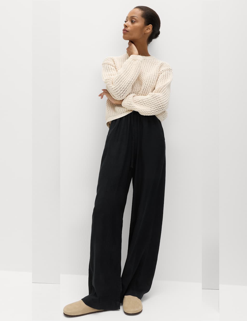 M&S Women's Drawstring Wide Leg Trousers with Linen - 16 - Black