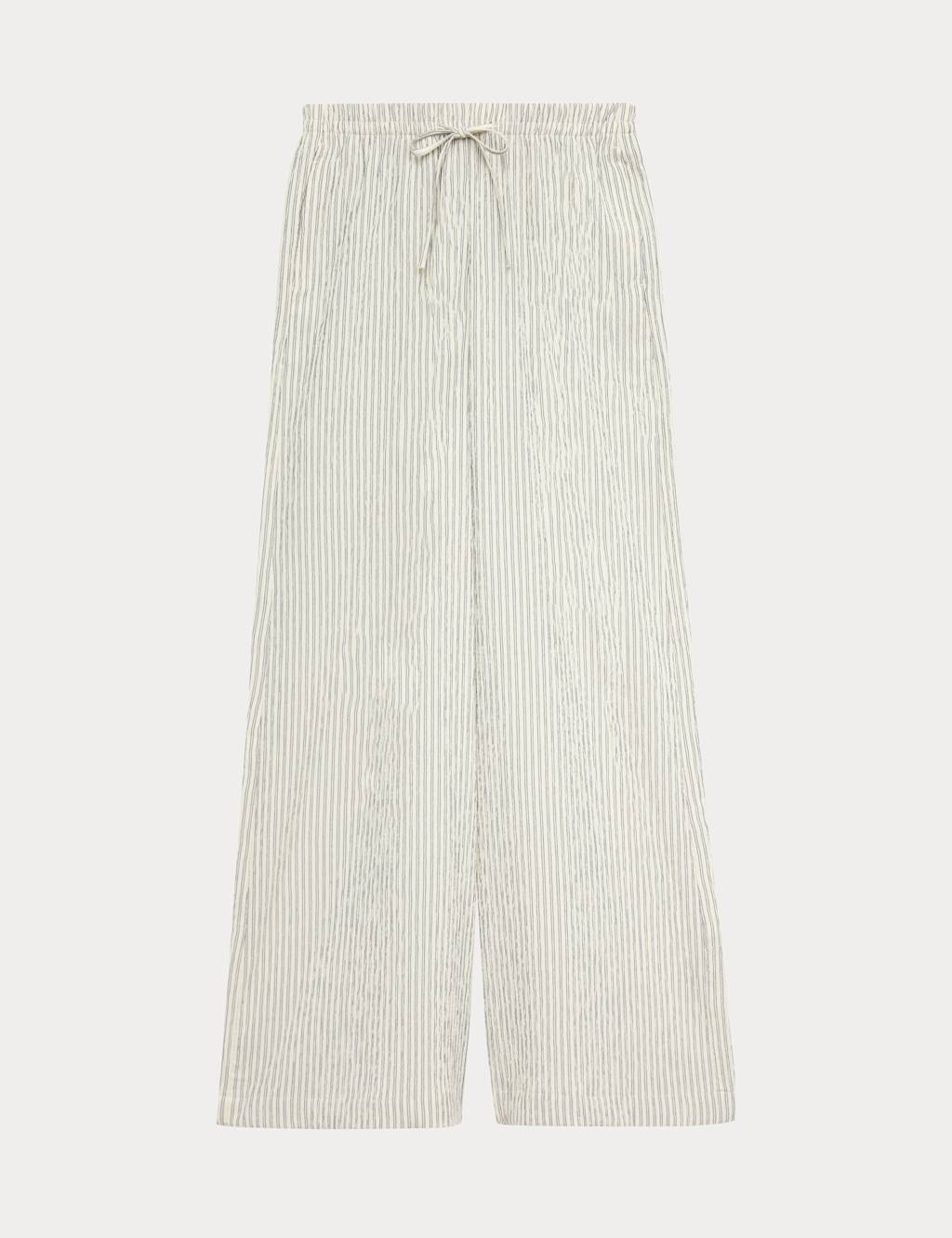 M&S Women's Seersucker Pull On Wide Leg Trousers - 12 - Navy Mix
