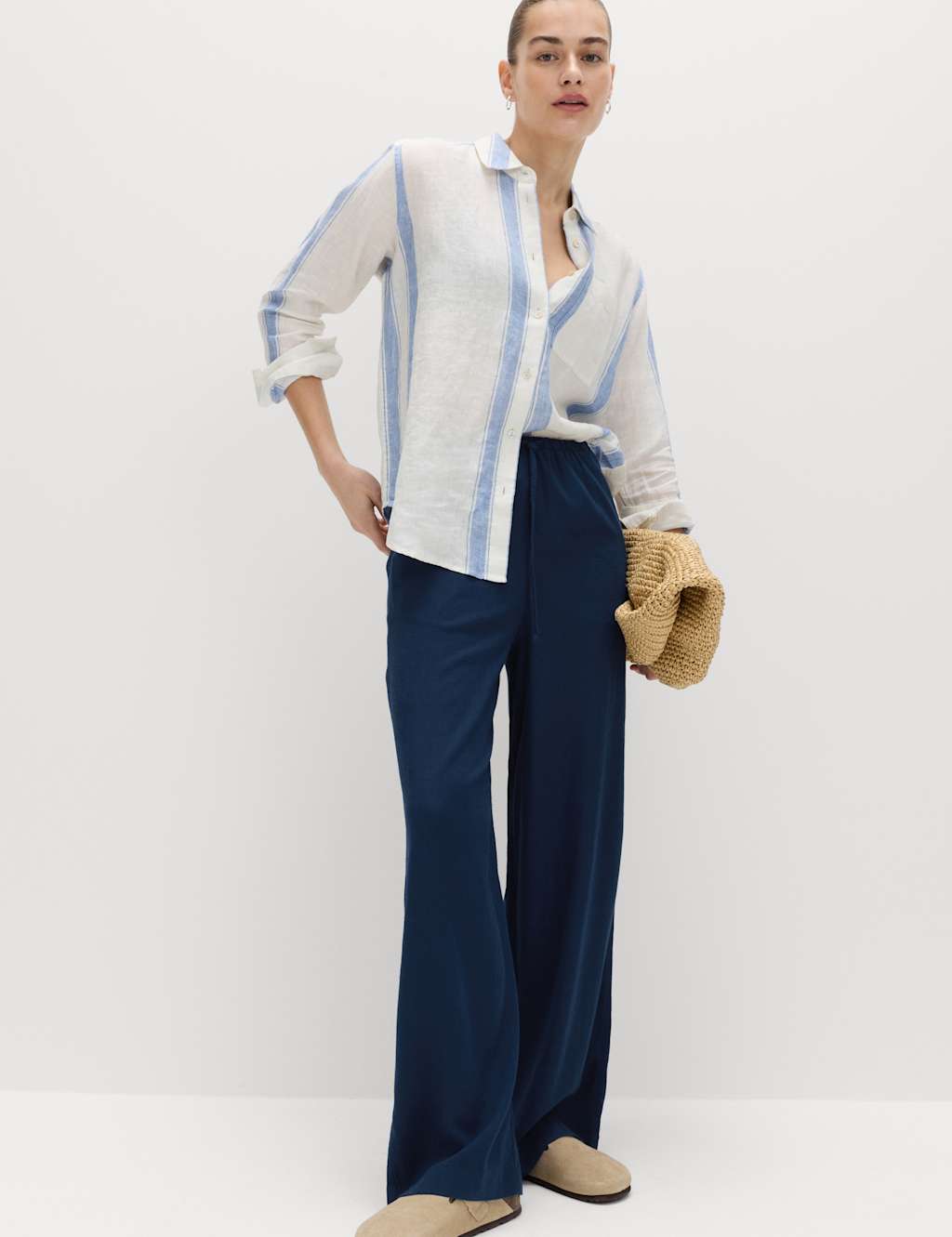 M&S Women's Linen Rich Drawstring Wide Leg Trousers - 6 - Navy
