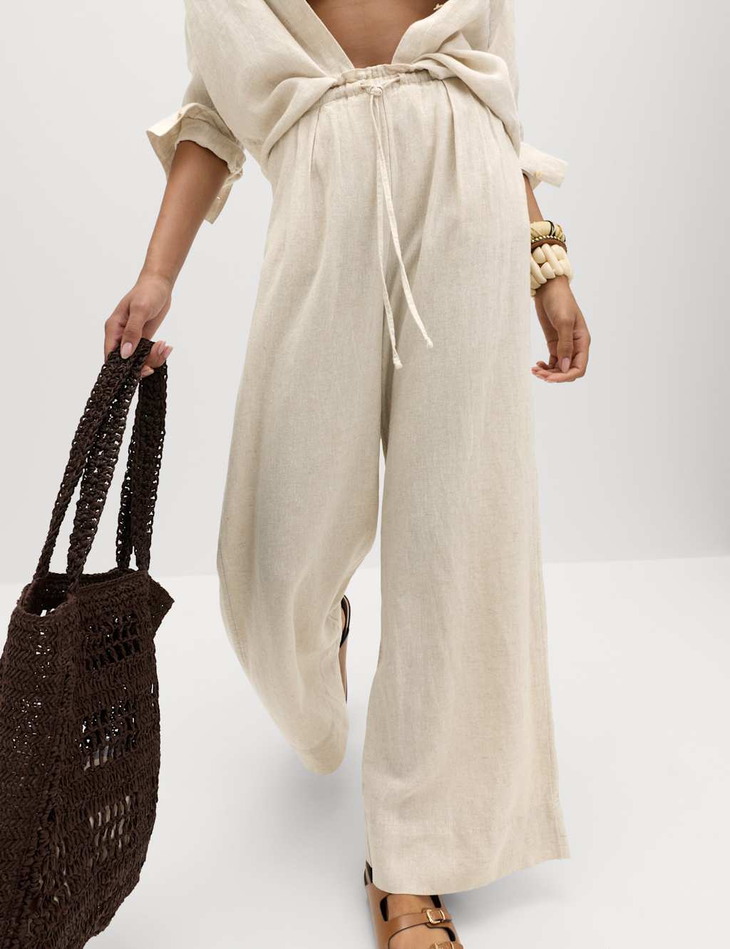 M&S Women's Linen Rich Drawstring Wide Leg Trousers - 20 - Oatmeal