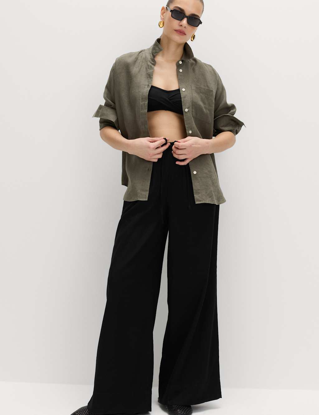 M&S Women's Linen Rich Drawstring Wide Leg Trousers - 12 - Black