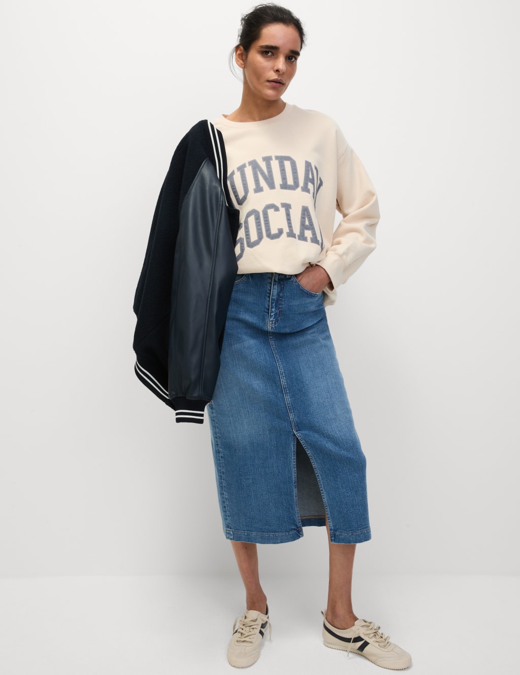 M&S Collection Women's Denim Midi Skirt - 12REG - Medium Indigo, Medium Indigo,Black,Light Indigo