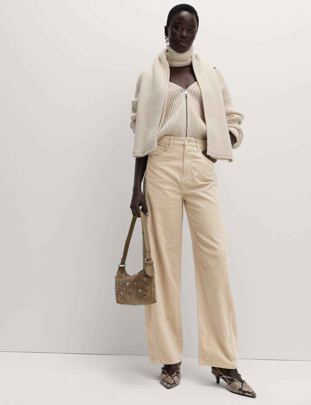 M&S Cotton Rich Cord Carrot Leg Trousers Ecru