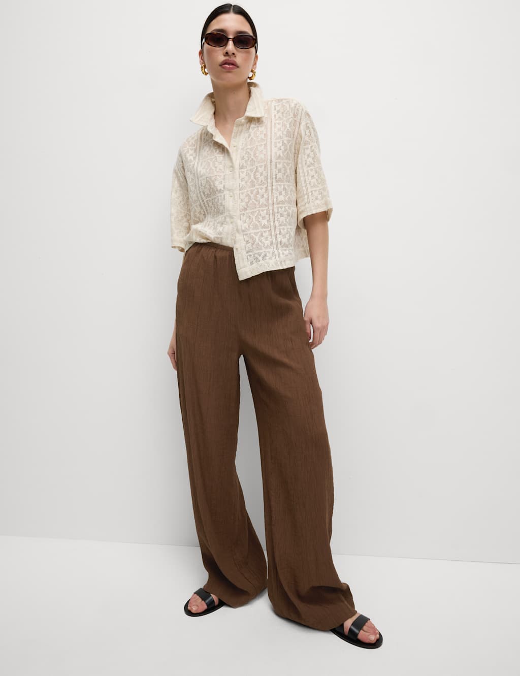 Viscose Rich Crinkle Elasticated Waist Wide Leg Trousers