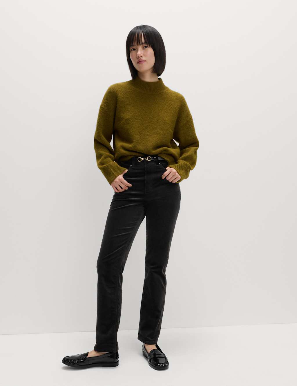 M&S Cotton Rich Cord Straight Leg Trousers with Modal Black