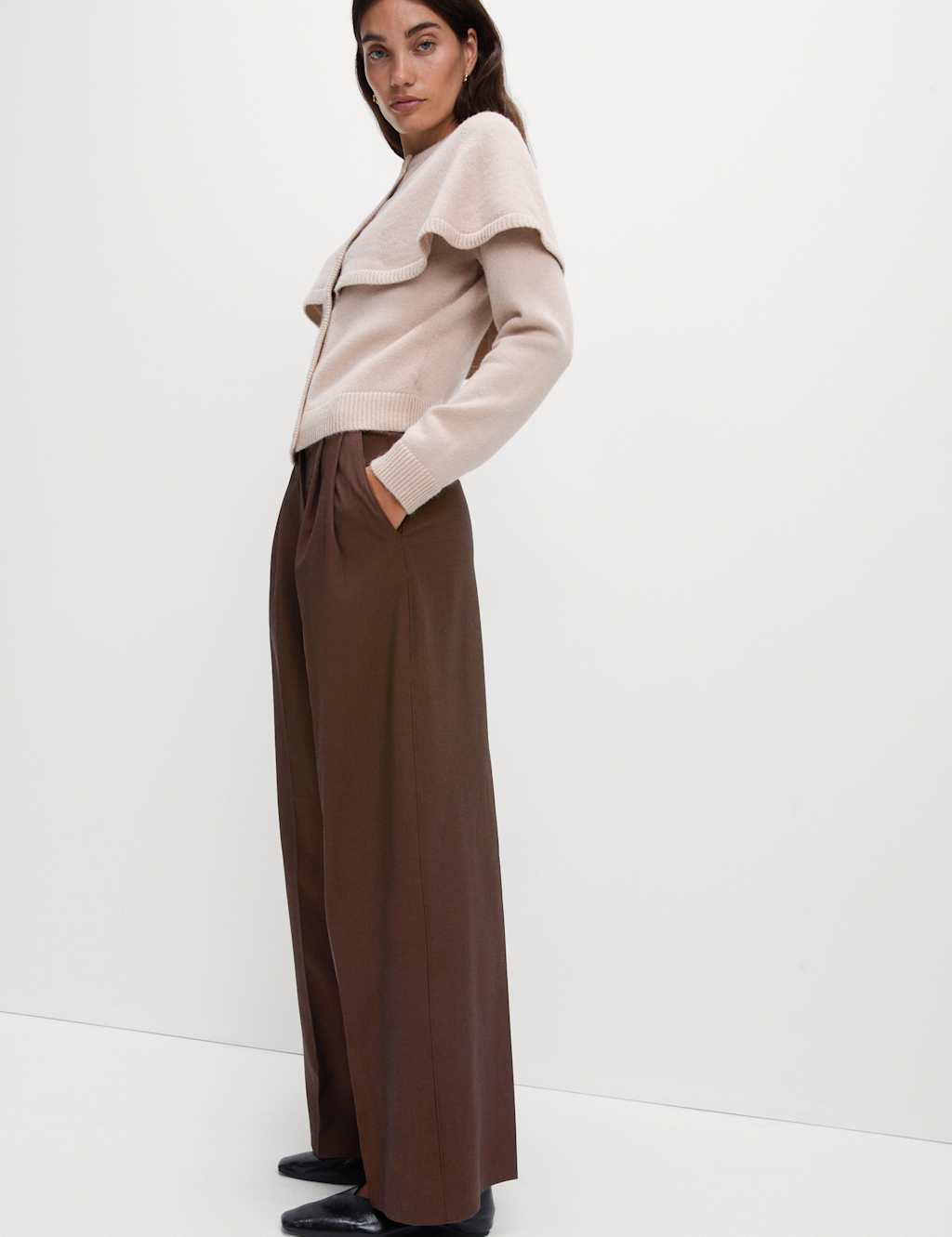 M&S Pleated Wide Leg Trousers with Wool Chocolate