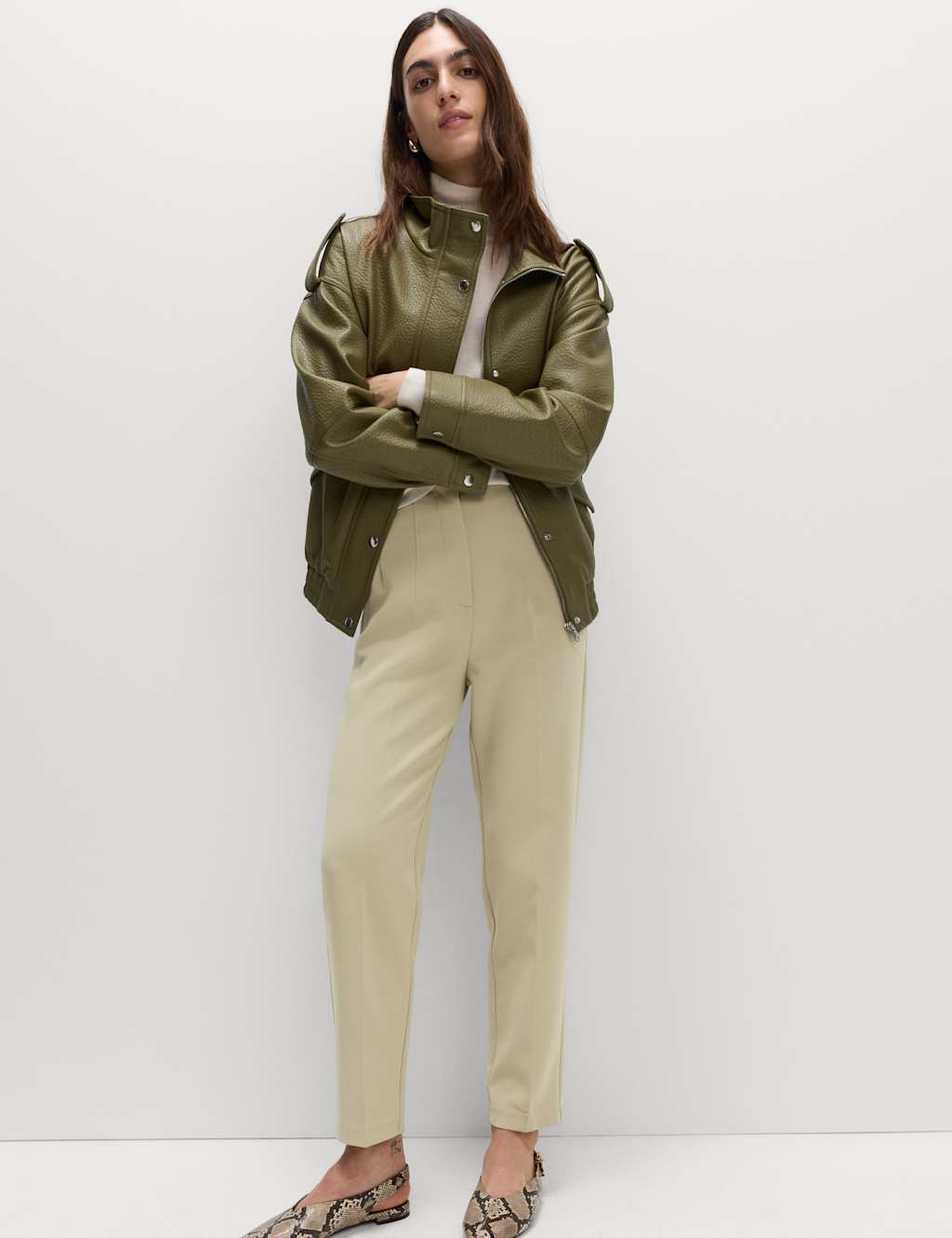 M&S Tapered Ankle Grazer Trousers Soft Green