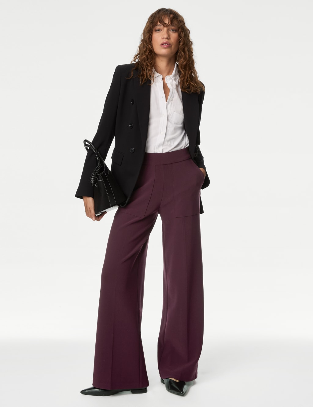 M&S Jersey Crepe Wide Leg Trousers Dark Burgundy