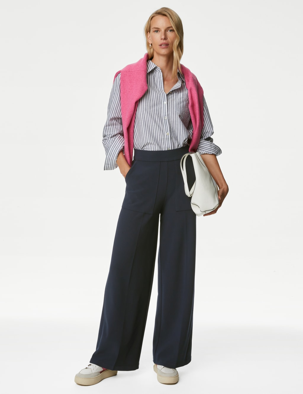 M&S Jersey Crepe Wide Leg Trousers Navy
