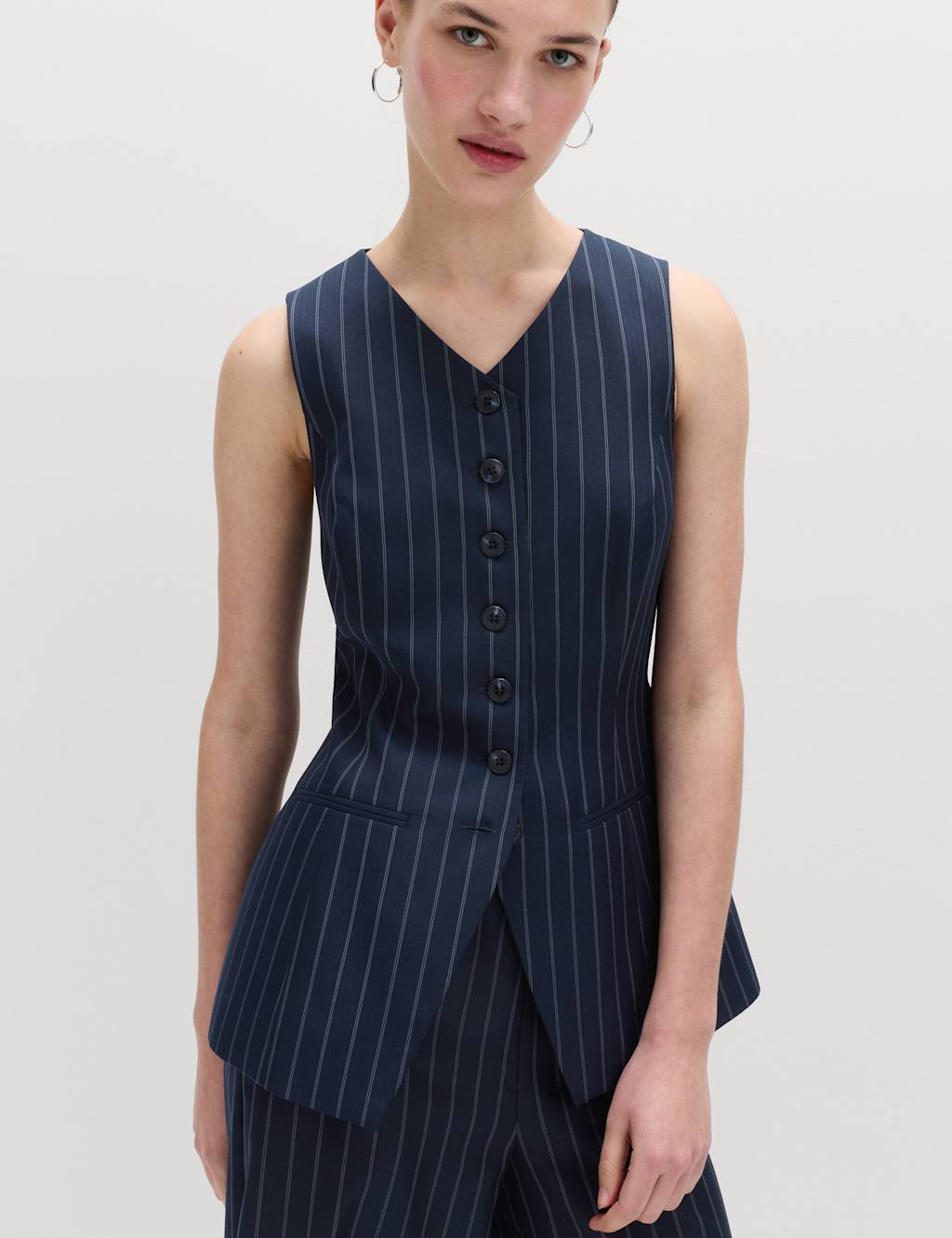 M&S Women's Tailored Pinstripe Cinched Waist Longline Waistcoat - 12 - Navy Mix