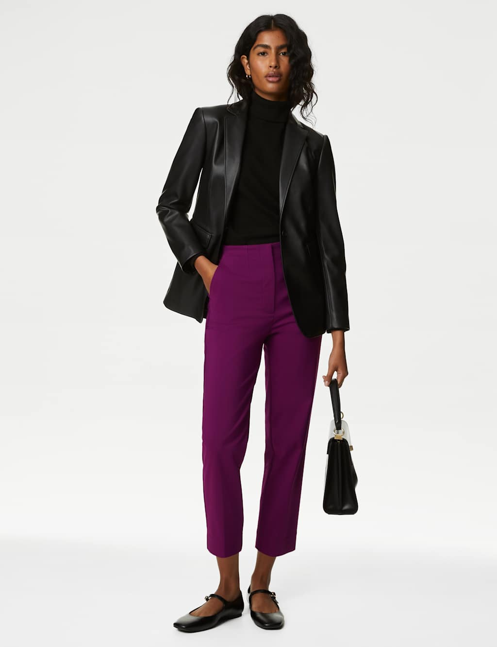 M&S Cotton Blend Slim Fit Cropped Trousers Dark Magenta