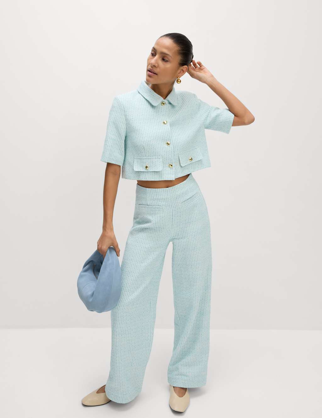 Boucle Tweed Textured Wide Leg Trousers