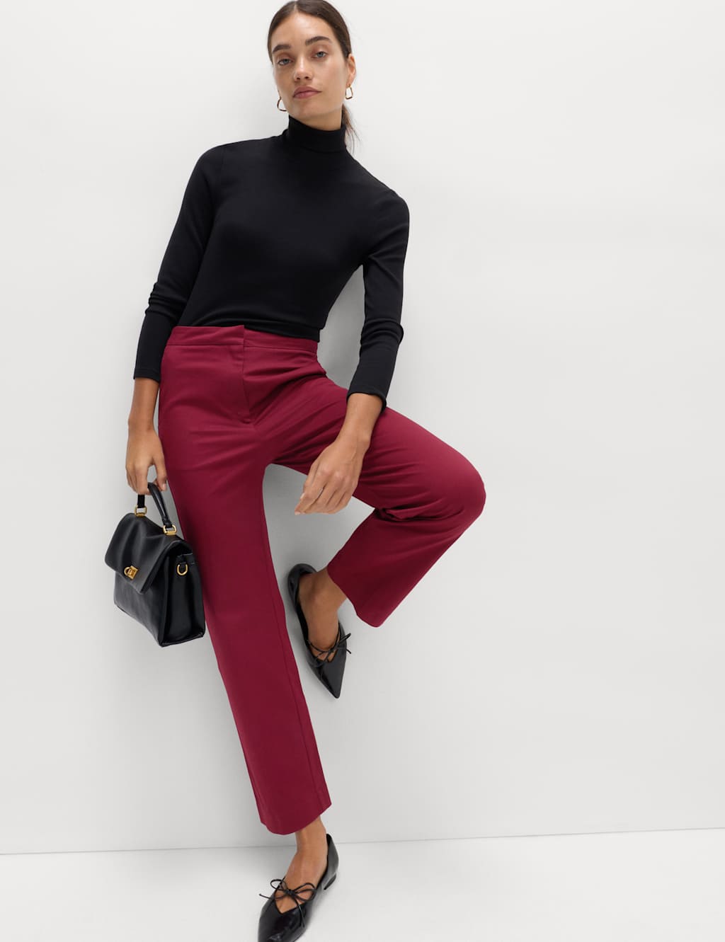 M&S Cotton Rich Straight Leg Ankle Grazer Trousers Wine