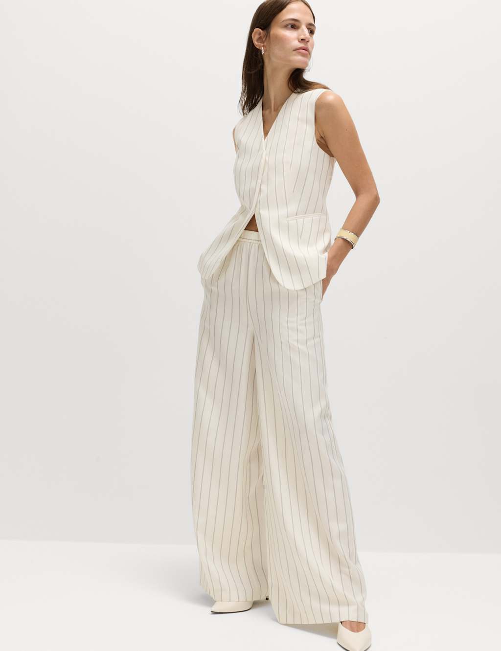 M&S Women's Pinstripe Wide Leg Trousers - 24 - Ivory Mix