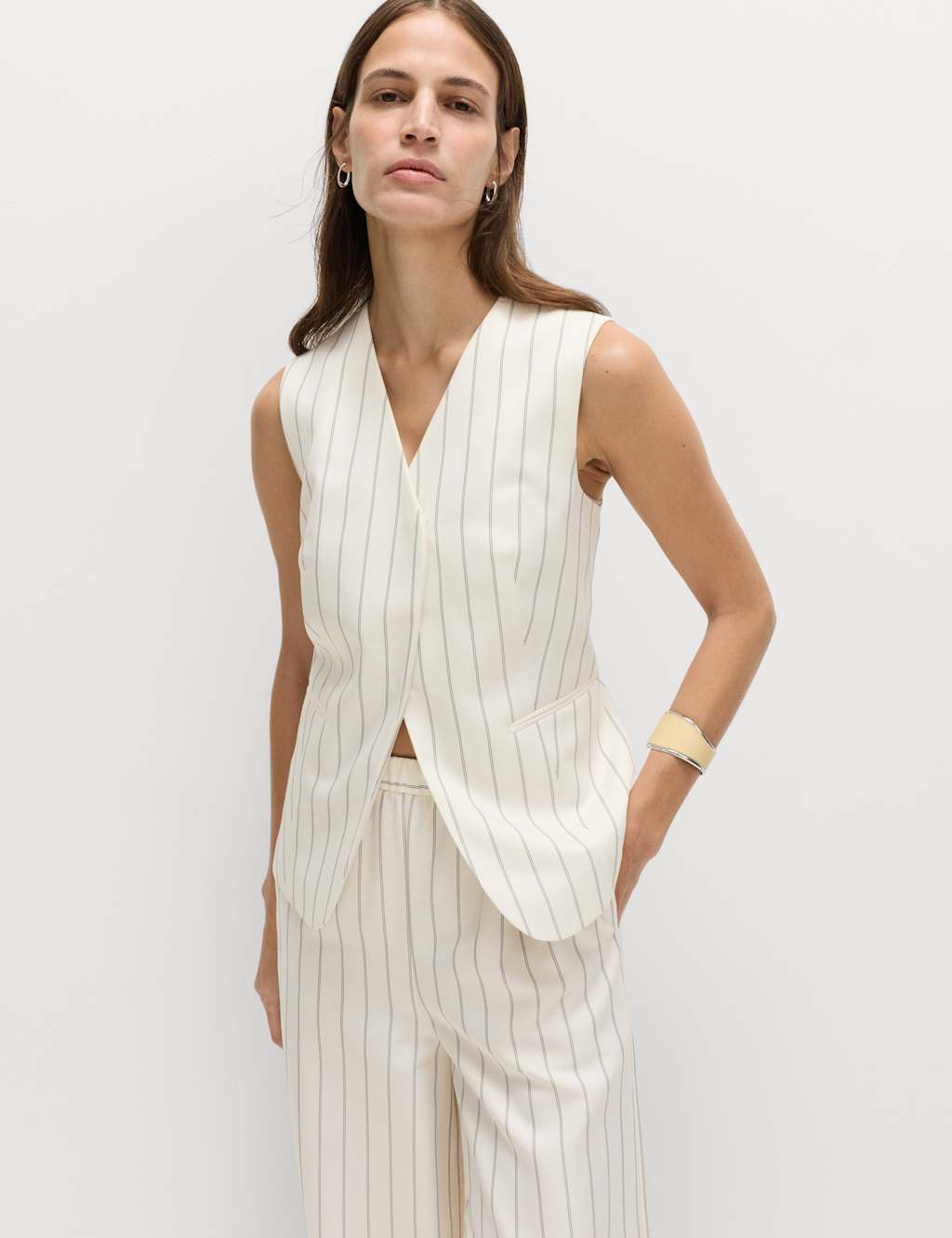 M&S Women's Striped V-Neck Longline Waistcoat - 22 - Ivory Mix