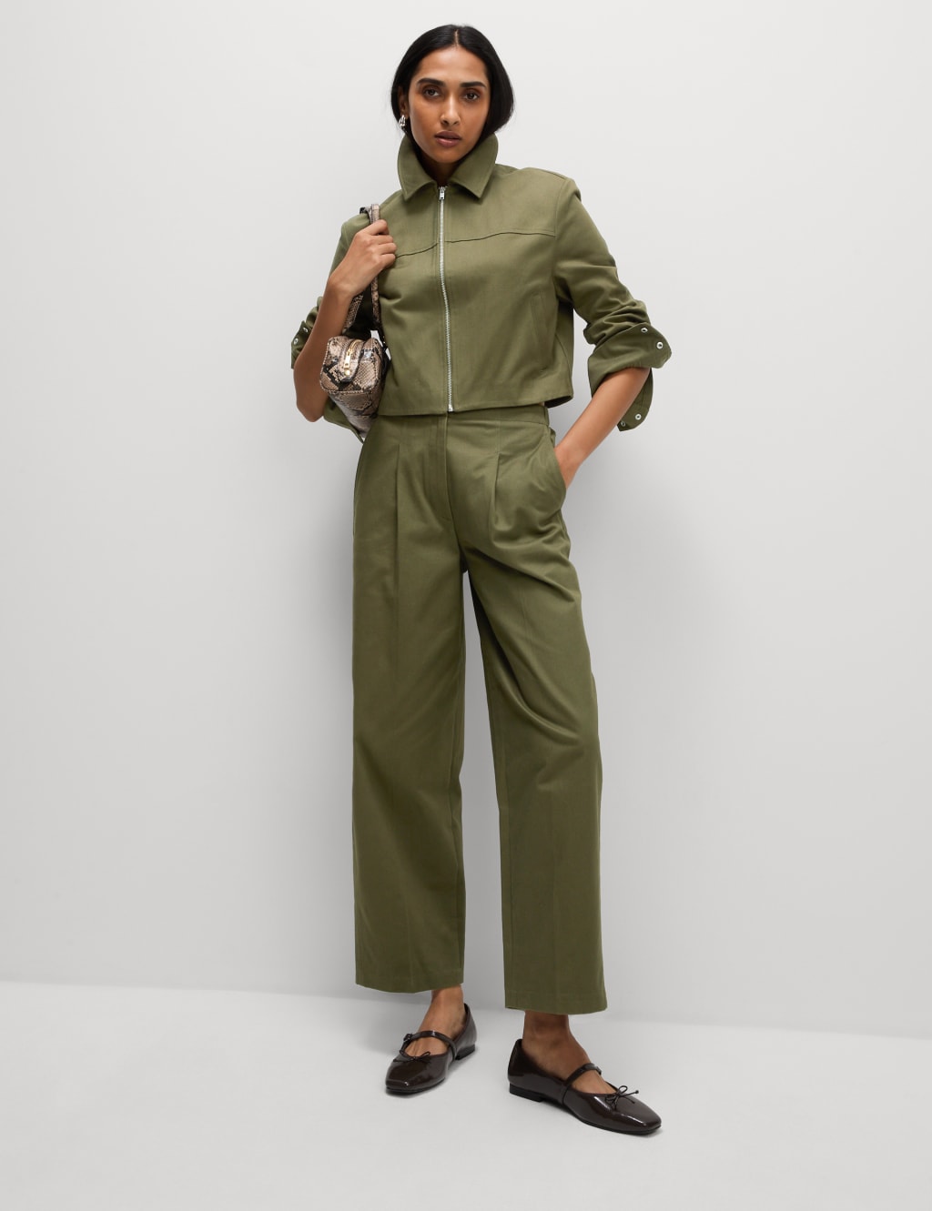 Pure Cotton Twill Barrel Leg Trousers