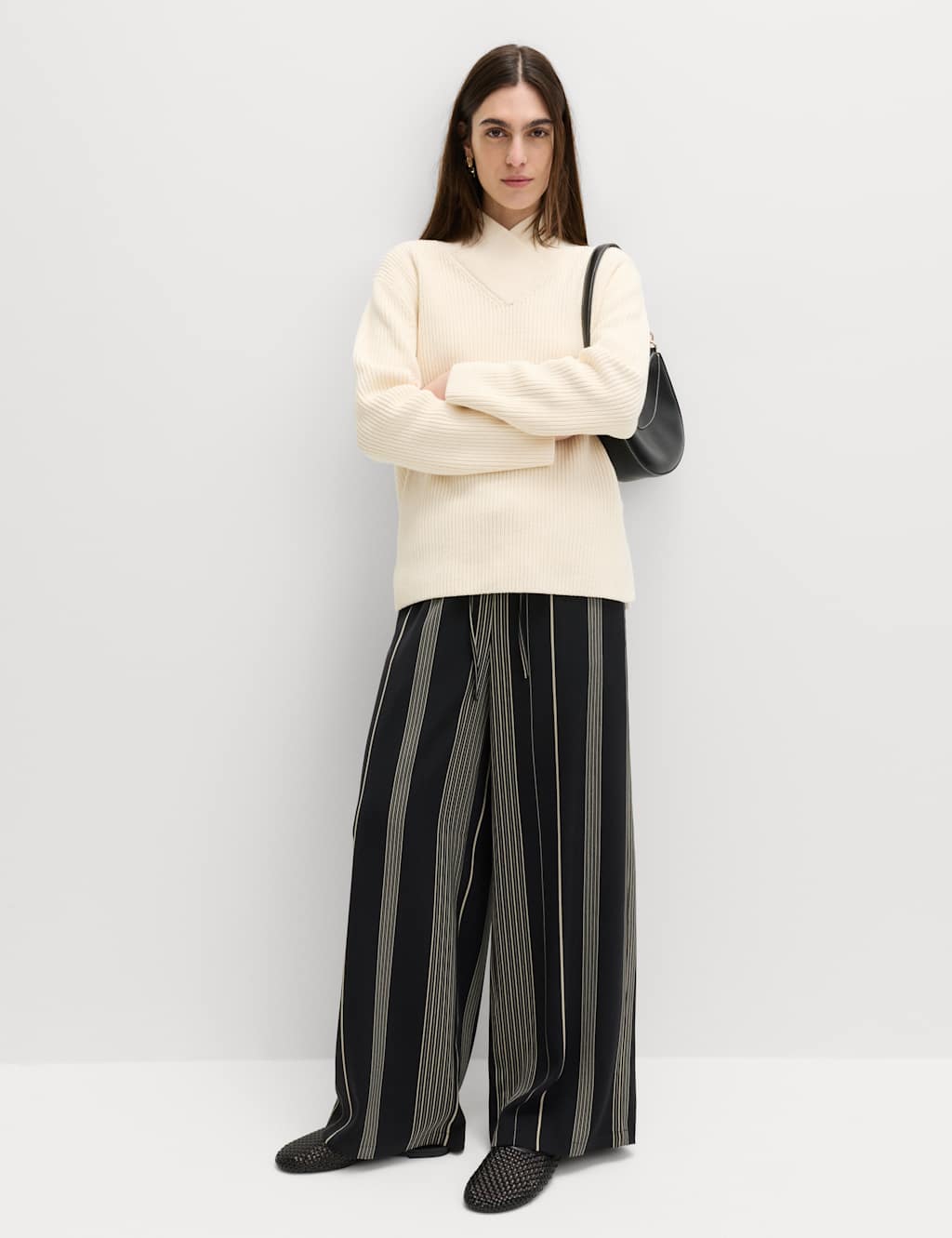 M&S Women's Satin Twill Striped Trousers - 6 - Black Mix