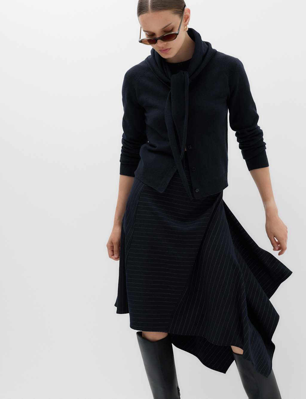 M&S Women's Pinstripe Midi Asymmetric Skirt - 12 - Navy Mix