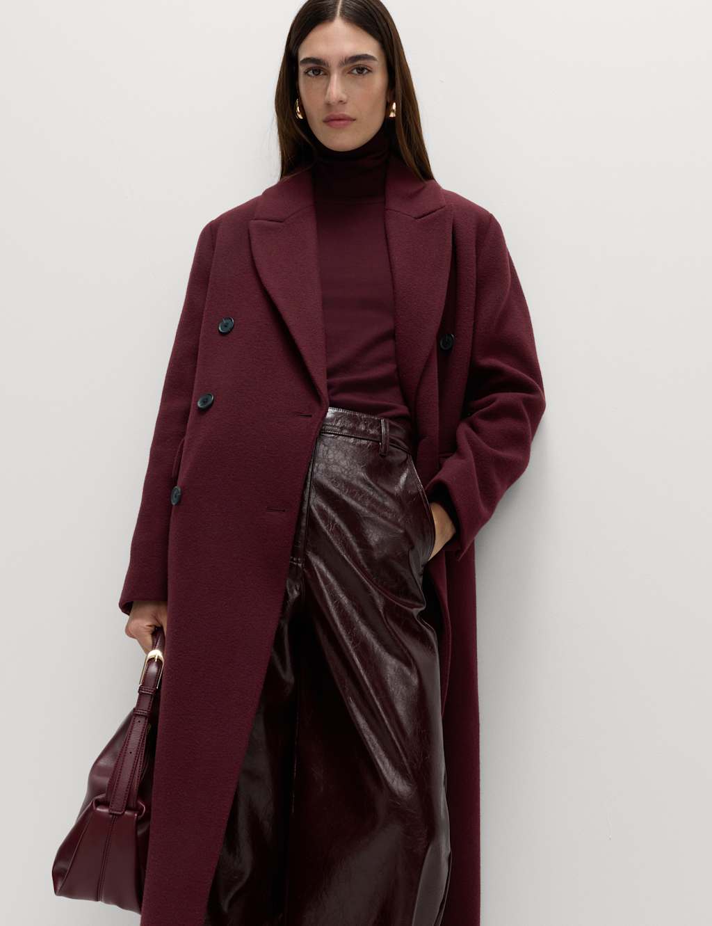 M&S Double Breasted Longline Coat With Wool Wine