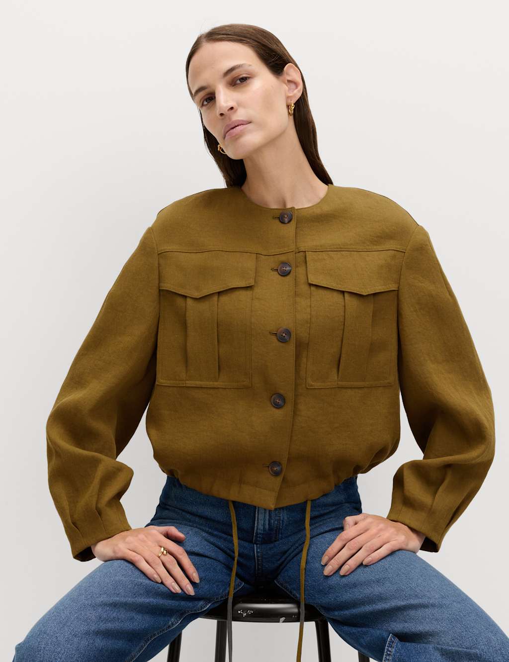 M&S Women's Collarless Utility Jacket With Linen - 14 - Moss