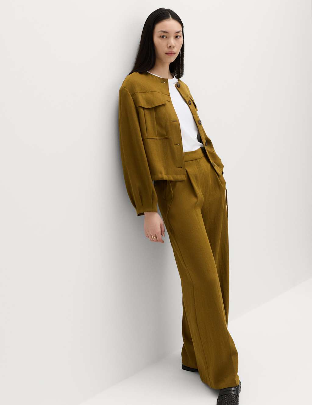M&S Women's Relaxed Wide Leg Trousers With Linen - 12 - Moss