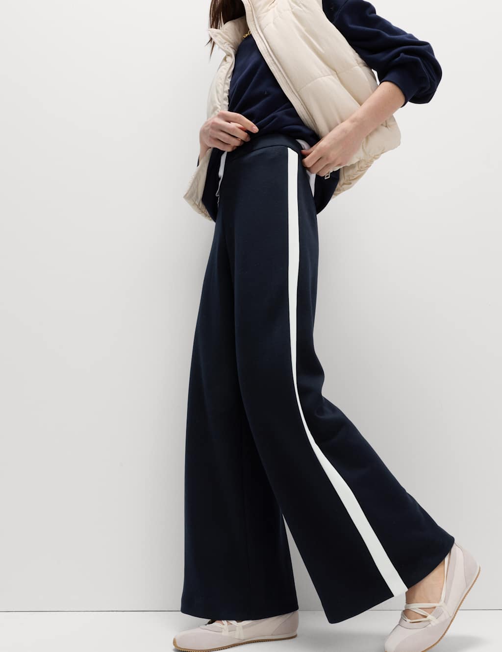 M&S Women's Pique Side Stripe Wide Leg Trousers - 22 - Navy Mix