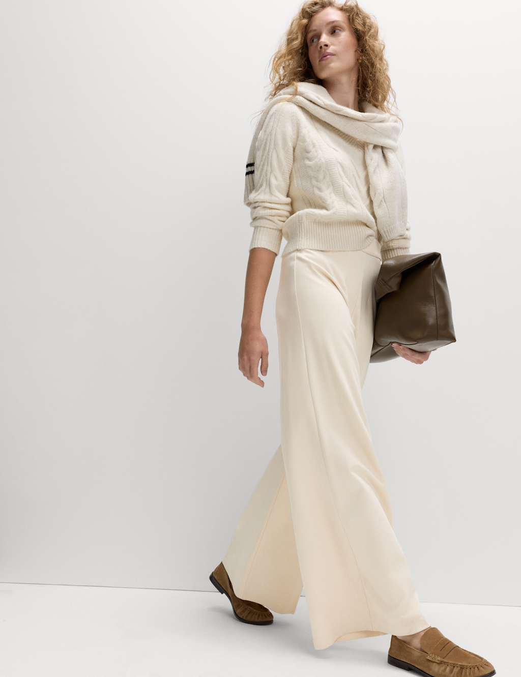 M&S Jersey Wide Leg Trousers with Stretch Ecru