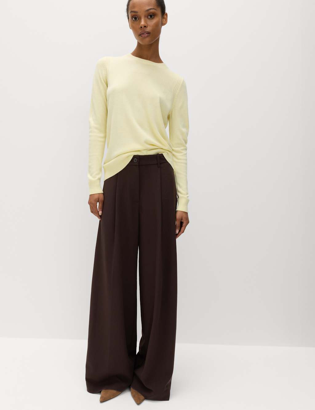 M&S Women's Side Stripe Wide Leg Trousers - 16 - Brown Mix