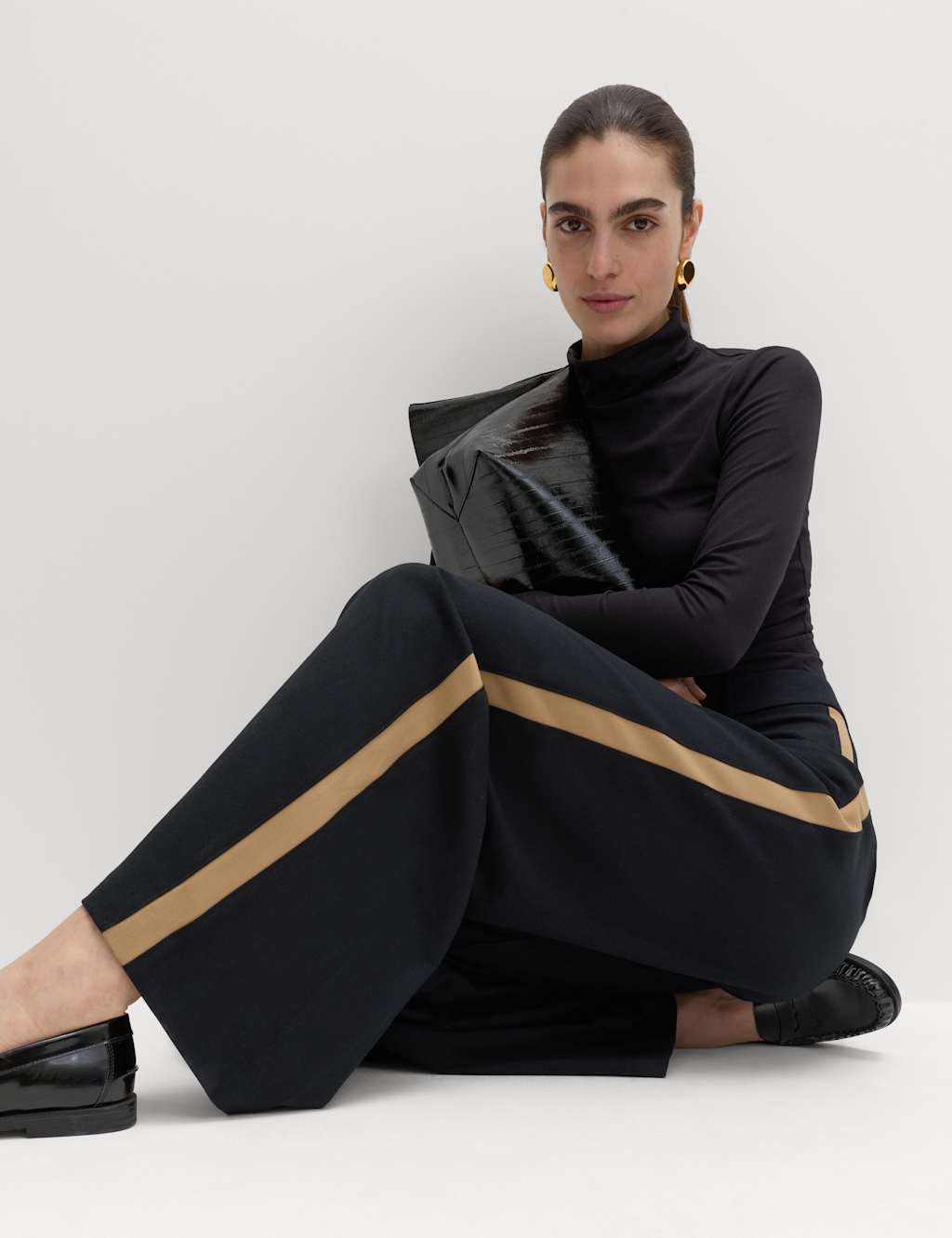 M&S Women's Side Stripe Wide Leg Trousers - 12 - Black Mix