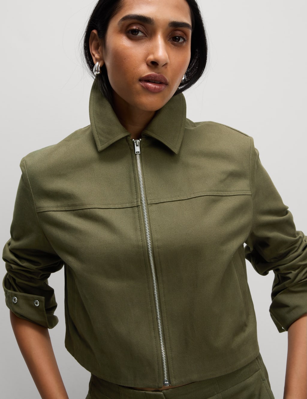 Pure Cotton Twill Collared Short Jacket