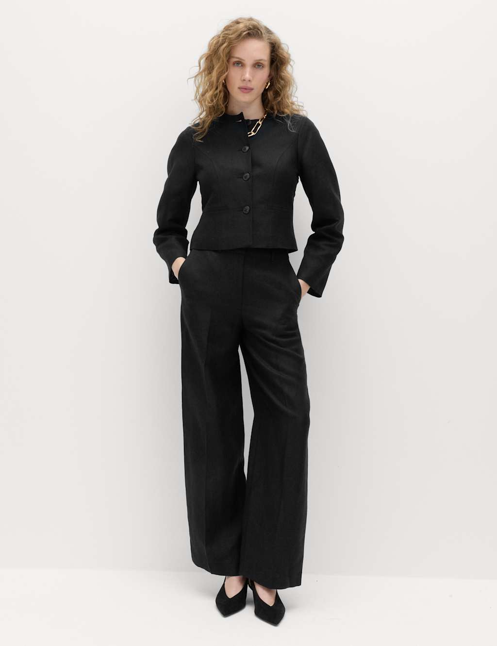 M&S Women's Linen Viscose Blend Collarless Jacket - 22 - Black
