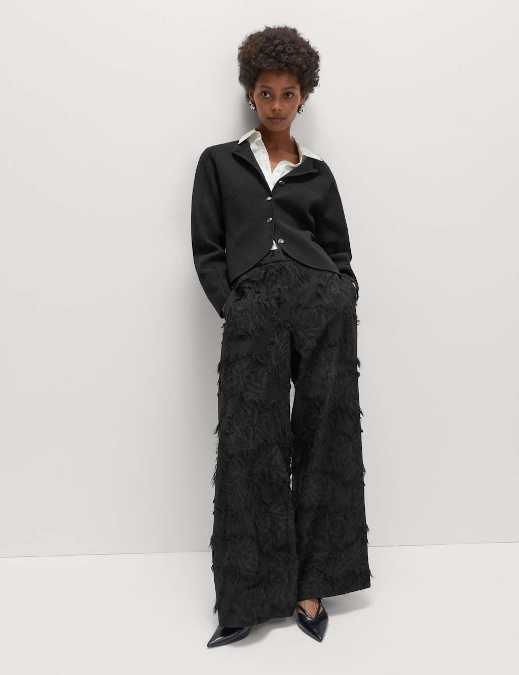 M&S Women's Jacquard Fringe Wide Leg Trousers - 10 - Black