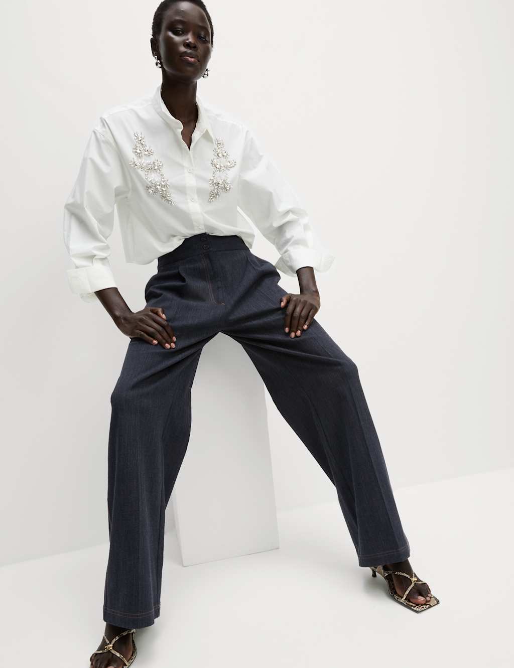 Cotton Blend Denim Look Wide Leg Trouser