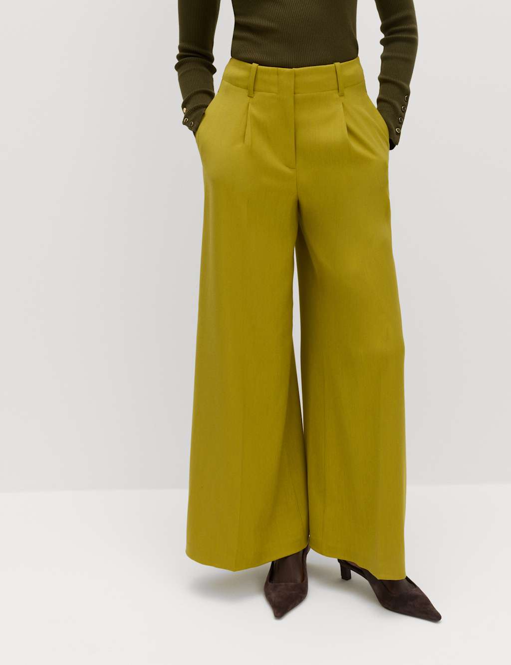 M&S Women's Pleat Front Wide Leg Trousers - 22 - Khaki